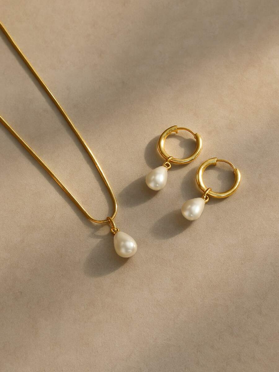 3pcs Stainless Steel Waterproo - مراجعة Pearl Necklace Set وسعره