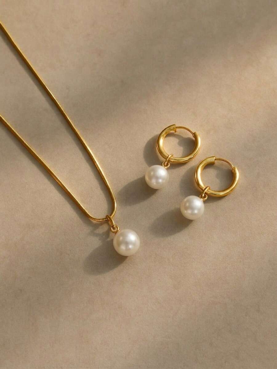 3pcs Stainless Steel Waterproo - مراجعة Pearl Necklace Set وسعره