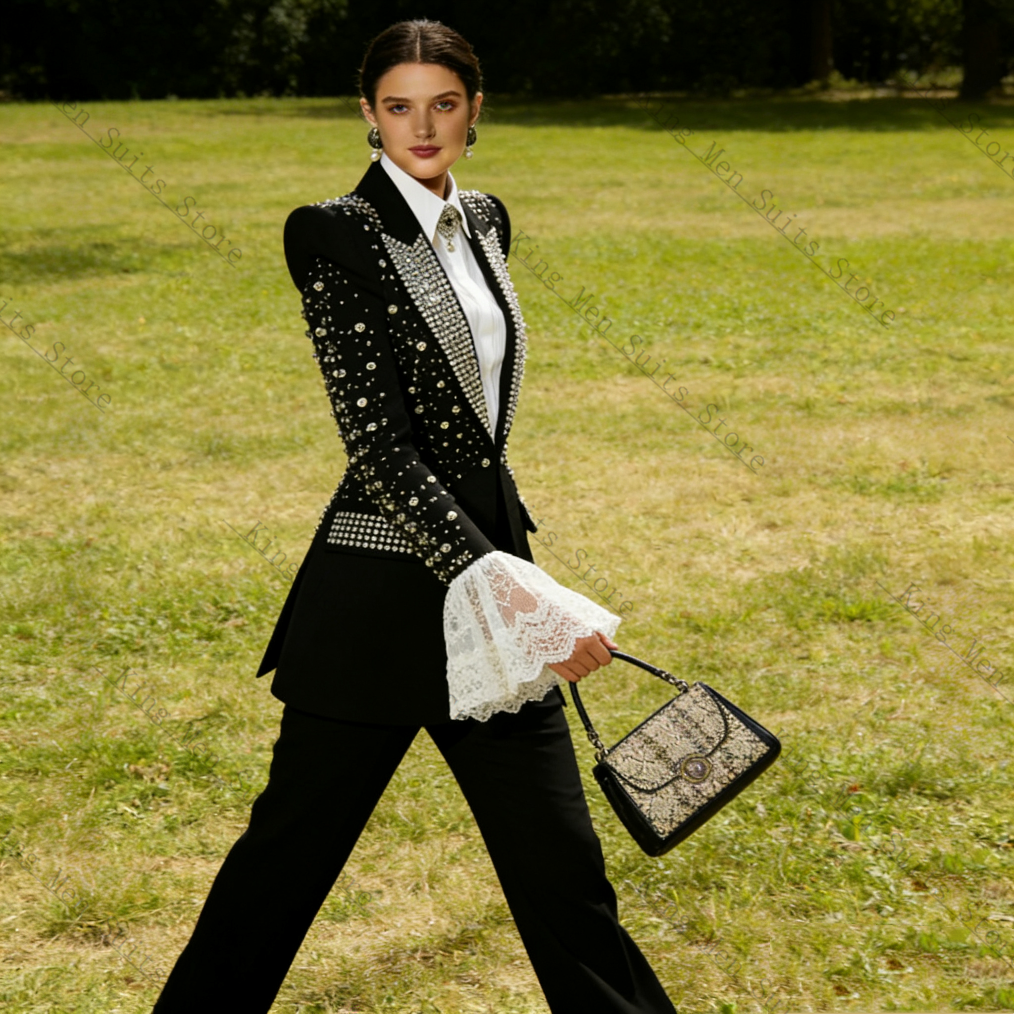 Crystals Black Women Suit Set  - مراجعة Women Formal Wear With Black Blazer وسعره
